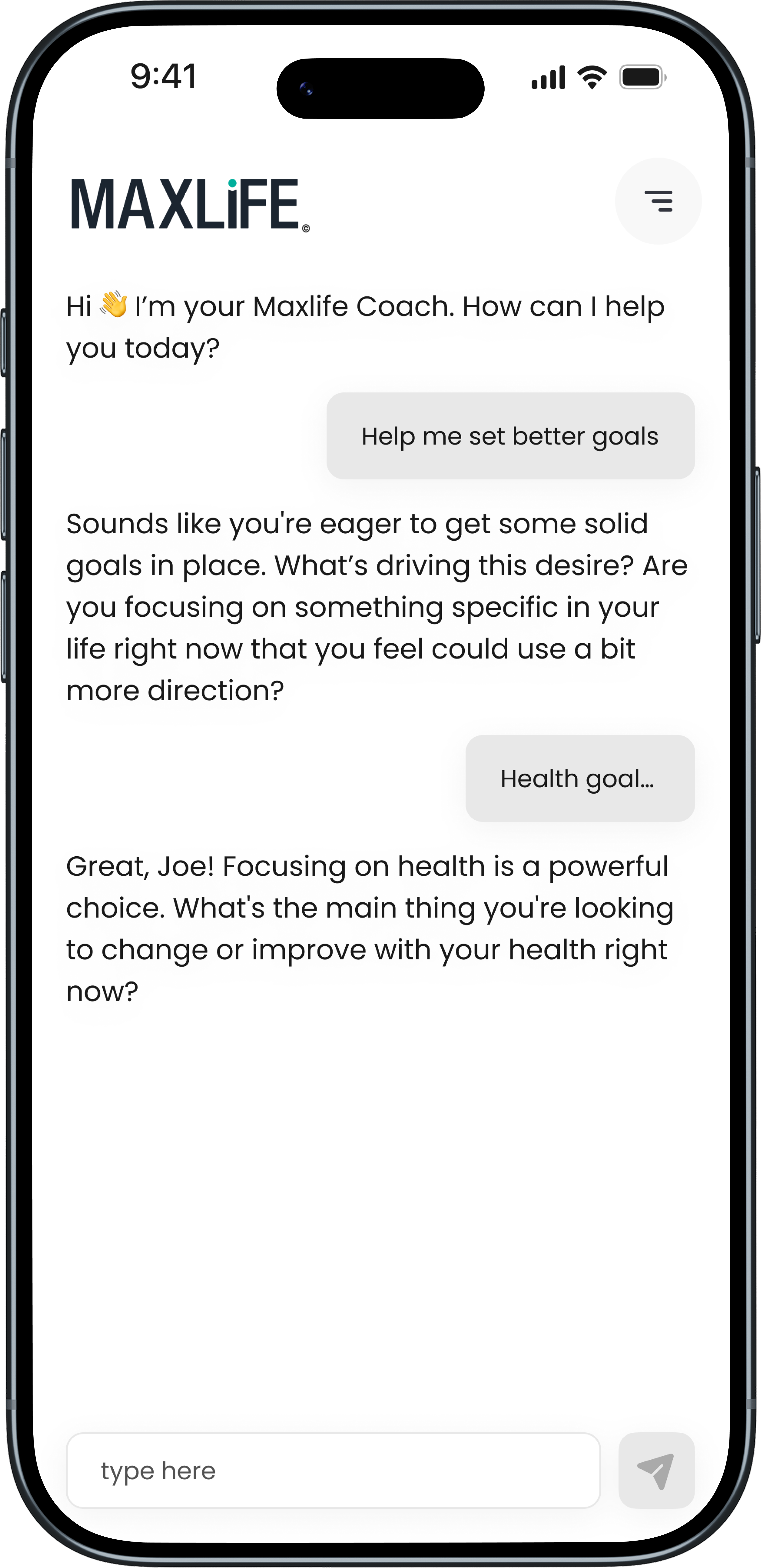 MaxLife AI Coach prompt screen